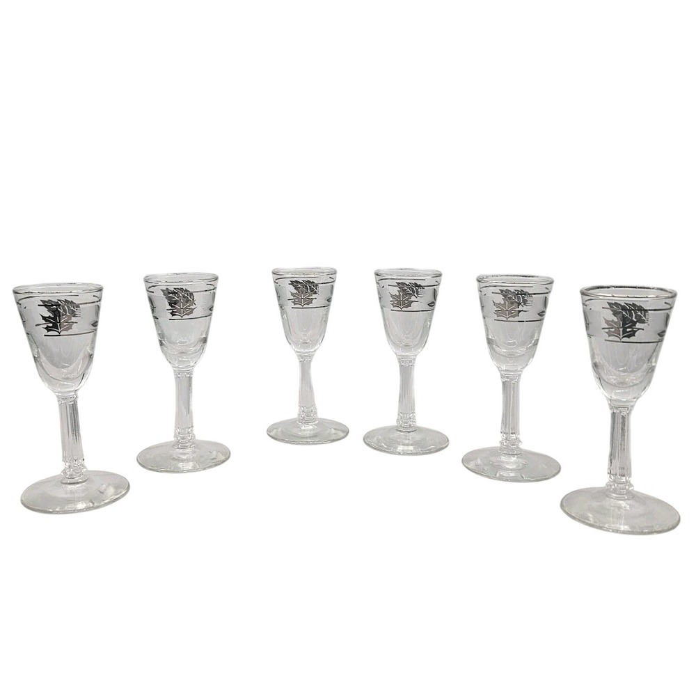 Set of 6 Clear Cordial Shot Glasses Silver Leaf Etched Design
